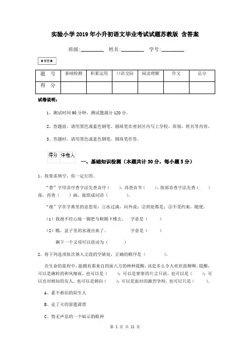 实验小学2019年小升初语文毕业考试试题苏教版 含答案