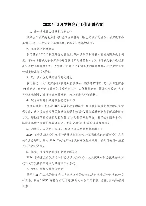202X年3月学校会计工作计划范文
