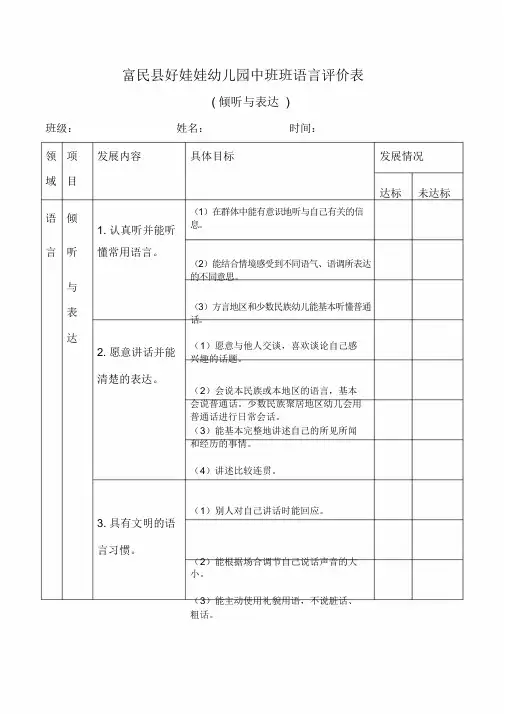 中班语言评价表-倾听与表达