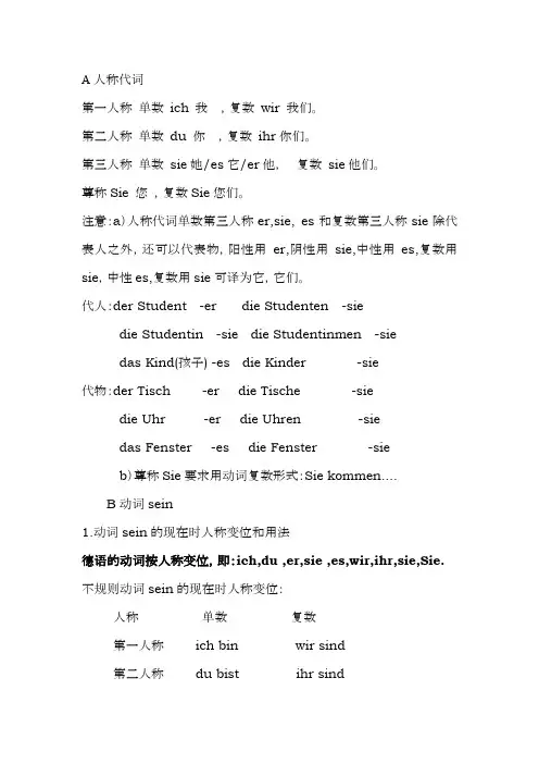 德语语法：动词sein现在时人称变位