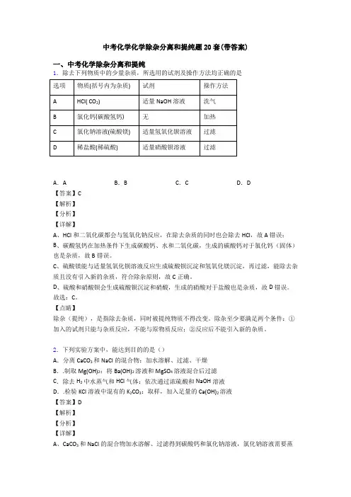 中考化学化学除杂分离和提纯题20套(带答案)