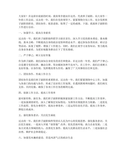 班子副职年终总结发言稿