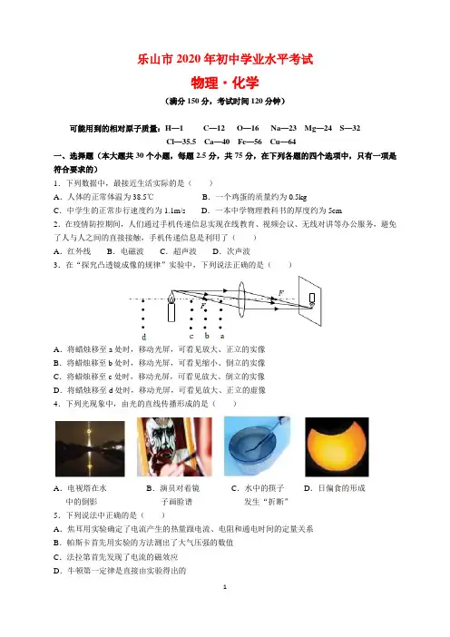 2020年四川省乐山市中考物理、化学试题及参考答案(word解析版)