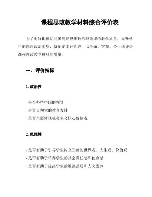 课程思政教学材料综合评价表