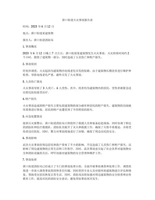 唐口街道火灾事故报告表