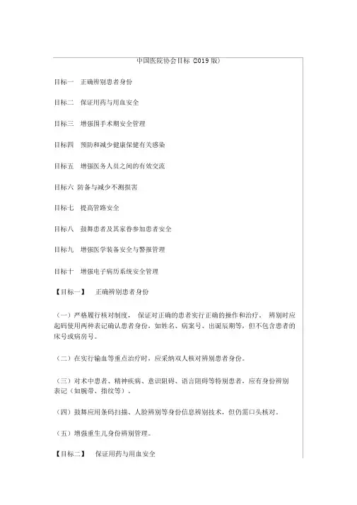 2019版患者安全十大目标