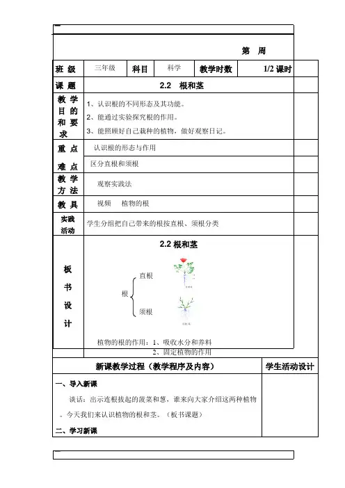 三年级下科学教案-根和茎苏教版