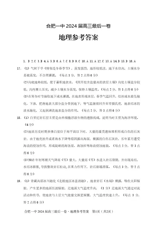 合肥一中 2024 届高三最后一卷 地理答案