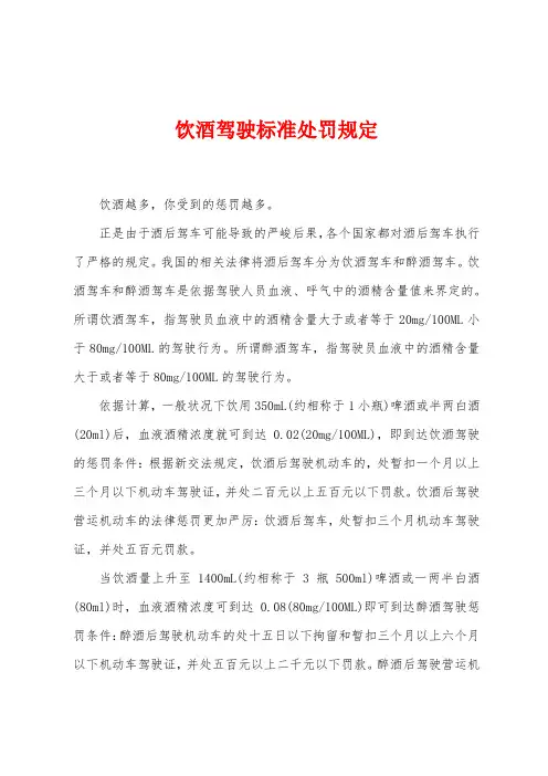 饮酒驾驶标准处罚规定