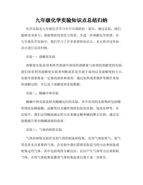 九年级化学实验知识点总结归纳