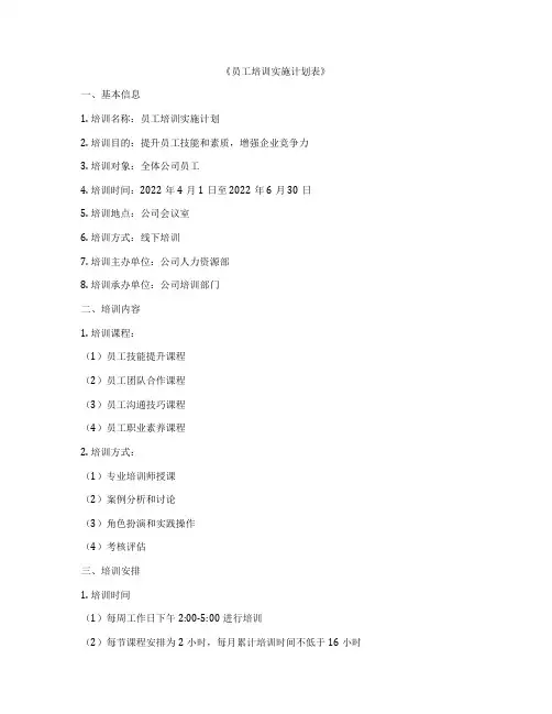 《员工培训实施计划表》