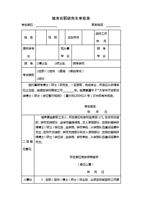 报考在职研究生审批表【模板】