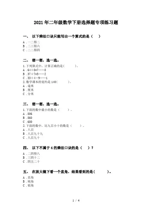 2021年二年级数学下册选择题专项练习题