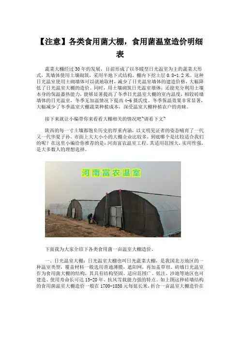 【注意】各类食用菌大棚,食用菌温室造价明细表