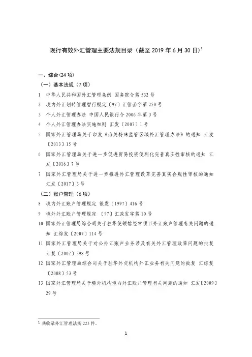 现行有效外汇管理主要法规目录(截至2019年6月30日)