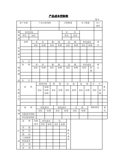 产品成本控制表