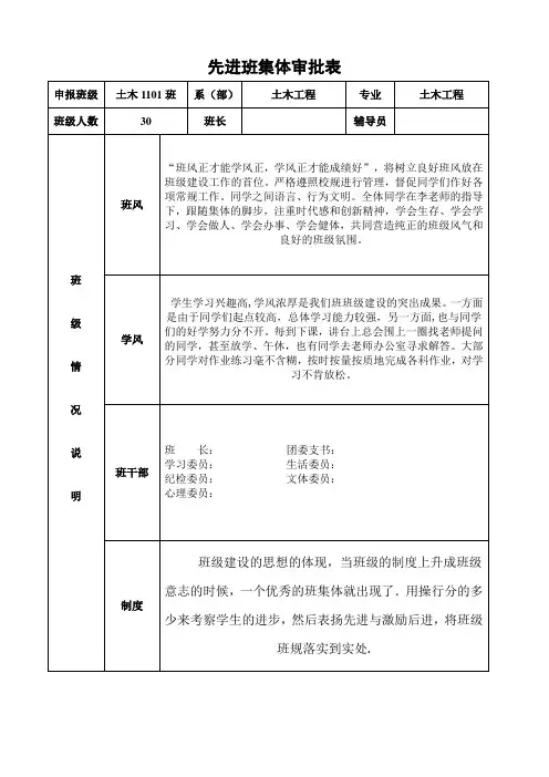 先进班集体审批表(首页正反打印)