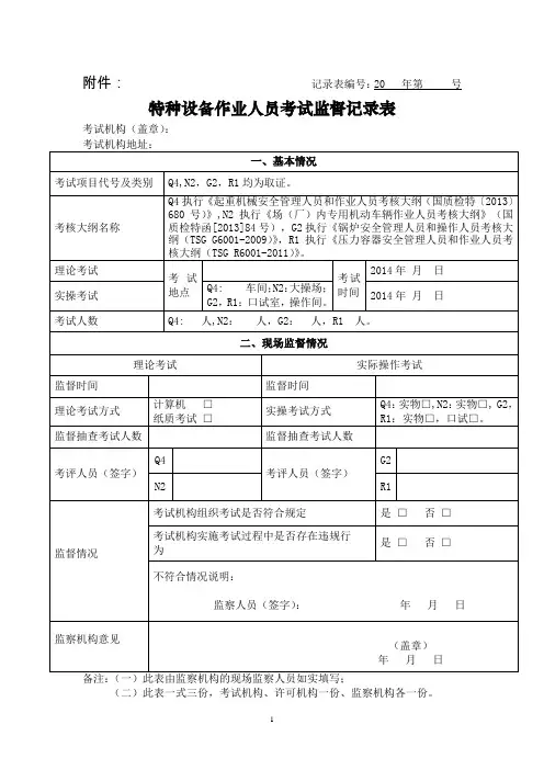 特种设备作业人员考试监督记录表