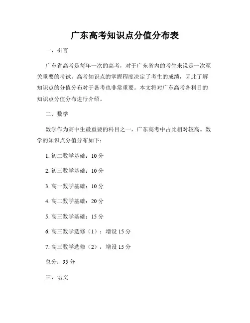 广东高考知识点分值分布表
