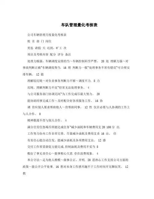 车队管理量化考核表