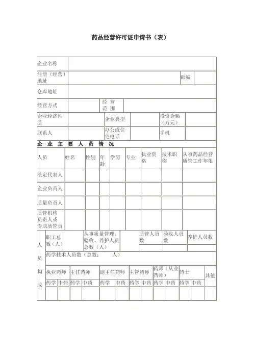 药品经营许可证申请书(表)