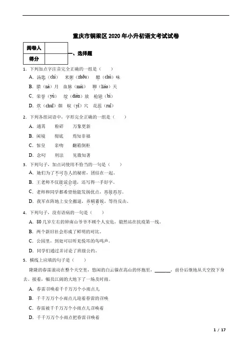 重庆市铜梁区2020年小升初语文考试试卷