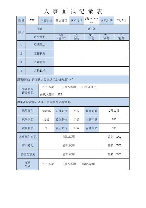 人事面试记录表