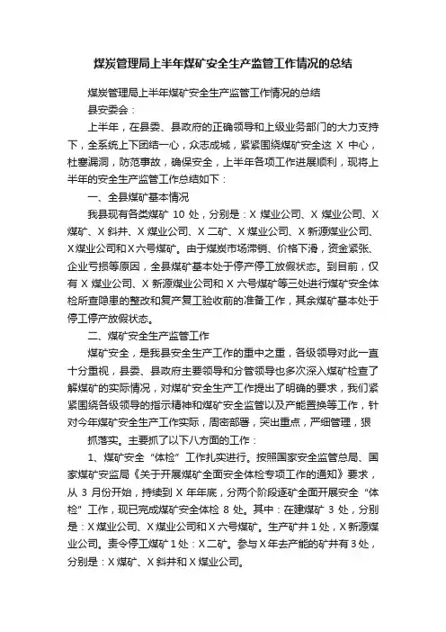 煤炭管理局上半年煤矿安全生产监管工作情况的总结