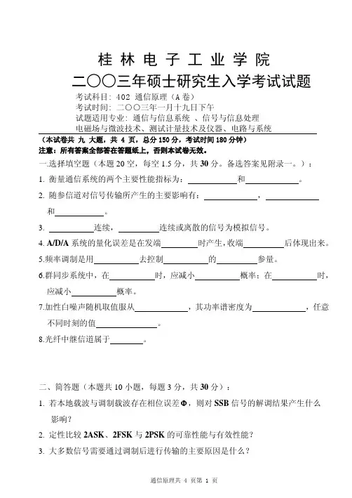 2003年研究生入学考试《通信原理》试题.