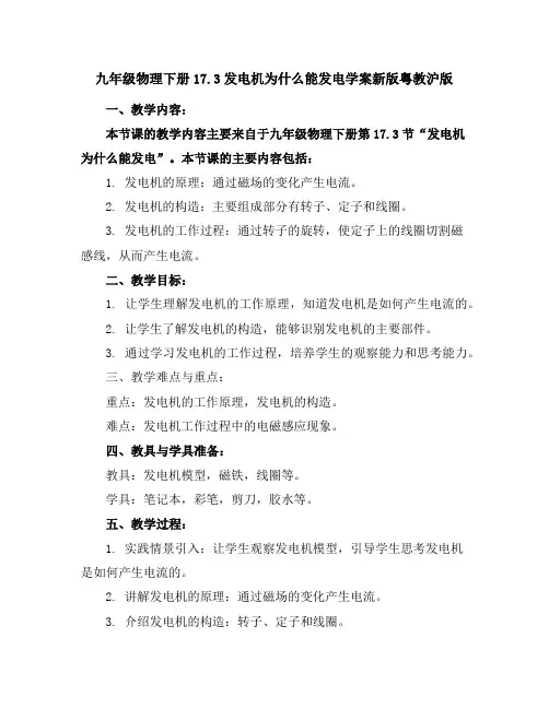 九年级物理下册17.3发电机为什么能发电学案新版粤教沪版