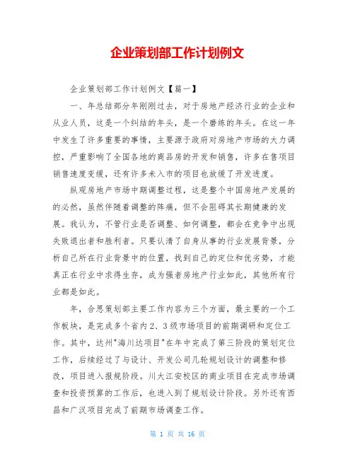 企业策划部工作计划例文
