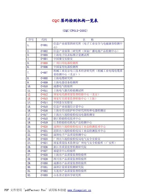 CQC签约检测机构一览表