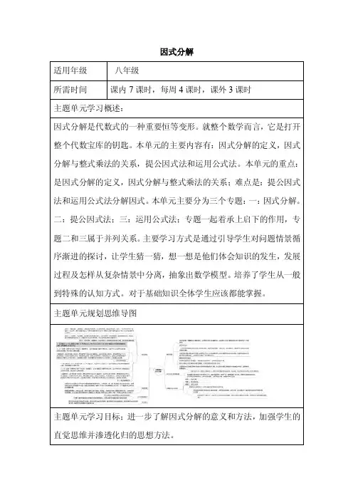 初中数学《因式分解》单元教学设计以及思维导图