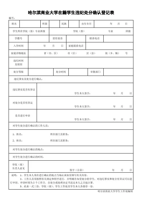 哈尔滨商业大学在籍学生违纪处分确认登记表