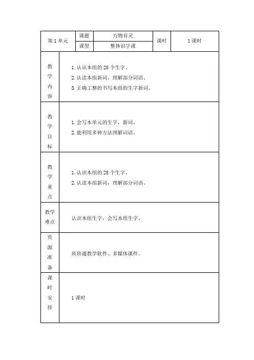 部编版五年级上册语文第一单元整体识字课教案《万物有灵》