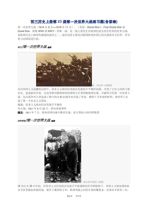 九年级历史第一次世界大战原因练习题