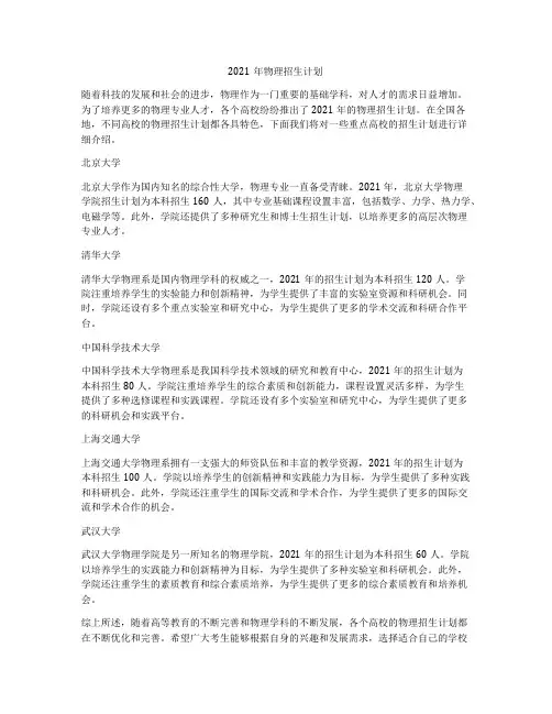 2021年物理招生计划