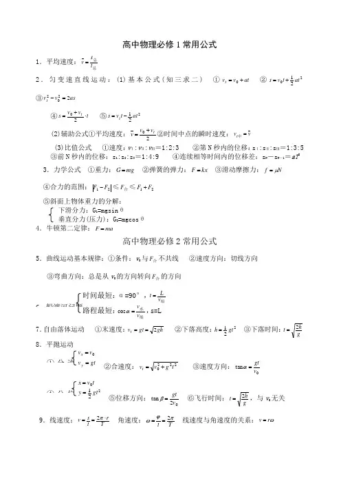 高中物理学业水平考试常用公式