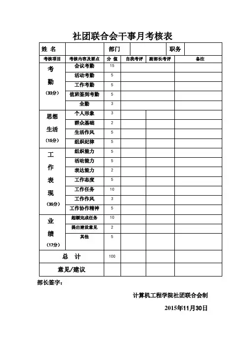 社团联合会月考核表