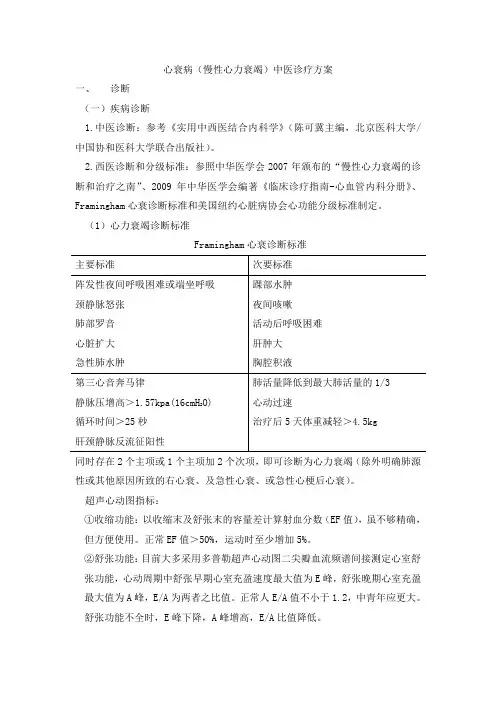 心衰病(慢性心力衰竭)中医诊疗方案(试行)