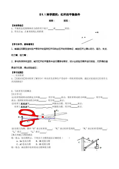 9.1科学探究：杠杆的平衡条件(导学案)