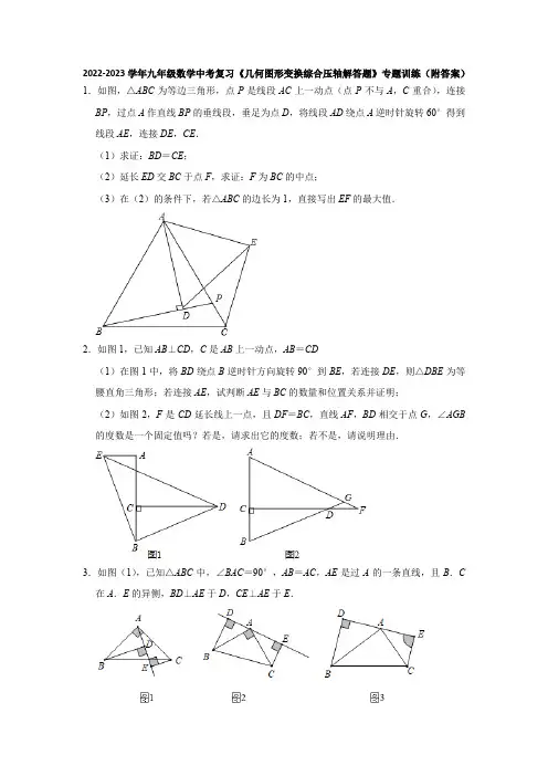 +2023+年九年级数学中考复习+几何图形变换综合压轴解答题+专题训练+