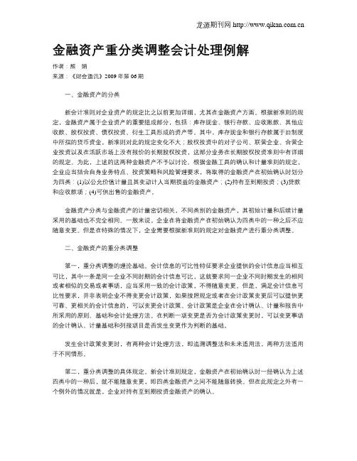 金融资产重分类调整会计处理例解
