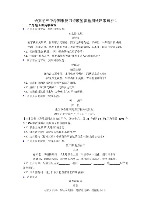 语文初三中考期末复习诗歌鉴赏检测试题带解析1