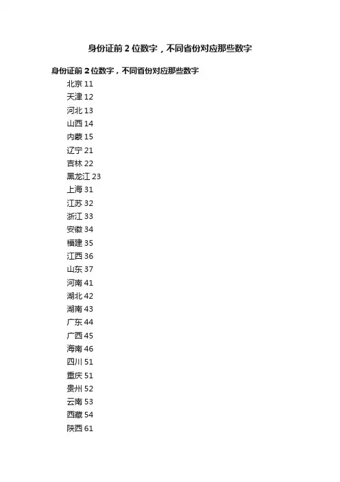 身份证前2位数字，不同省份对应那些数字