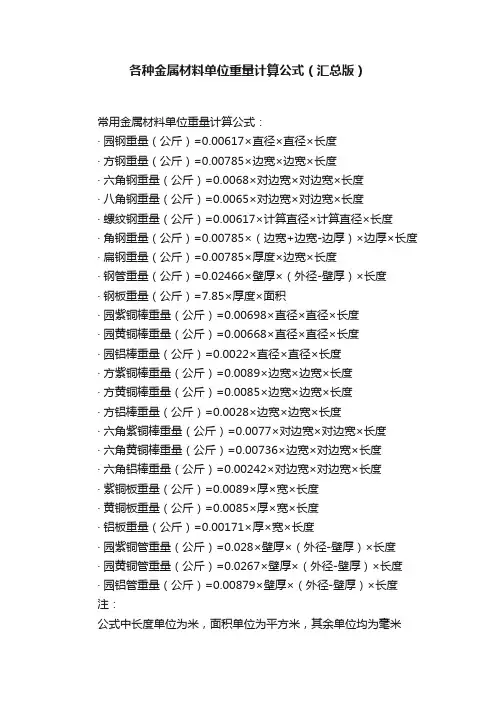 各种金属材料单位重量计算公式（汇总版）