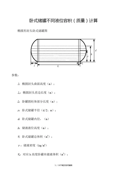 卧式储罐不同液位下的容积(质量)计算