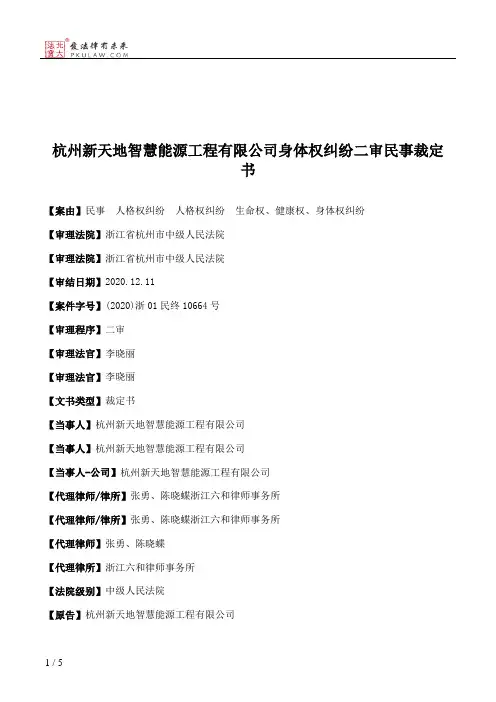 杭州新天地智慧能源工程有限公司身体权纠纷二审民事裁定书