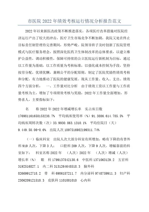 市医院2022年绩效考核运行情况分析报告范文