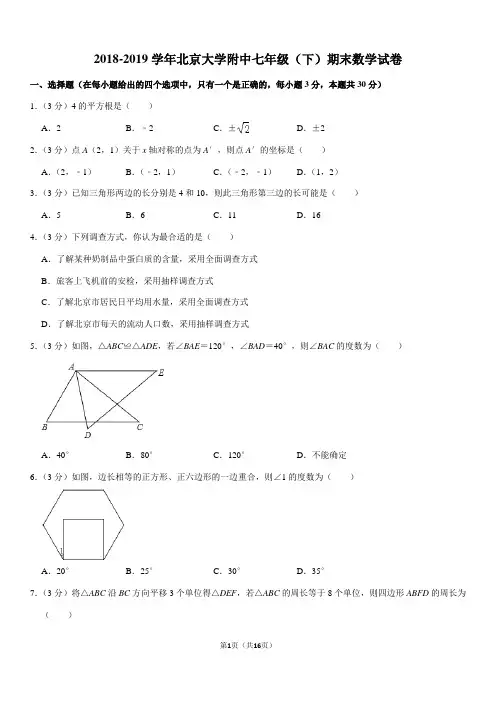 2018-2019学年北京大学附中七年级(下)期末数学试卷